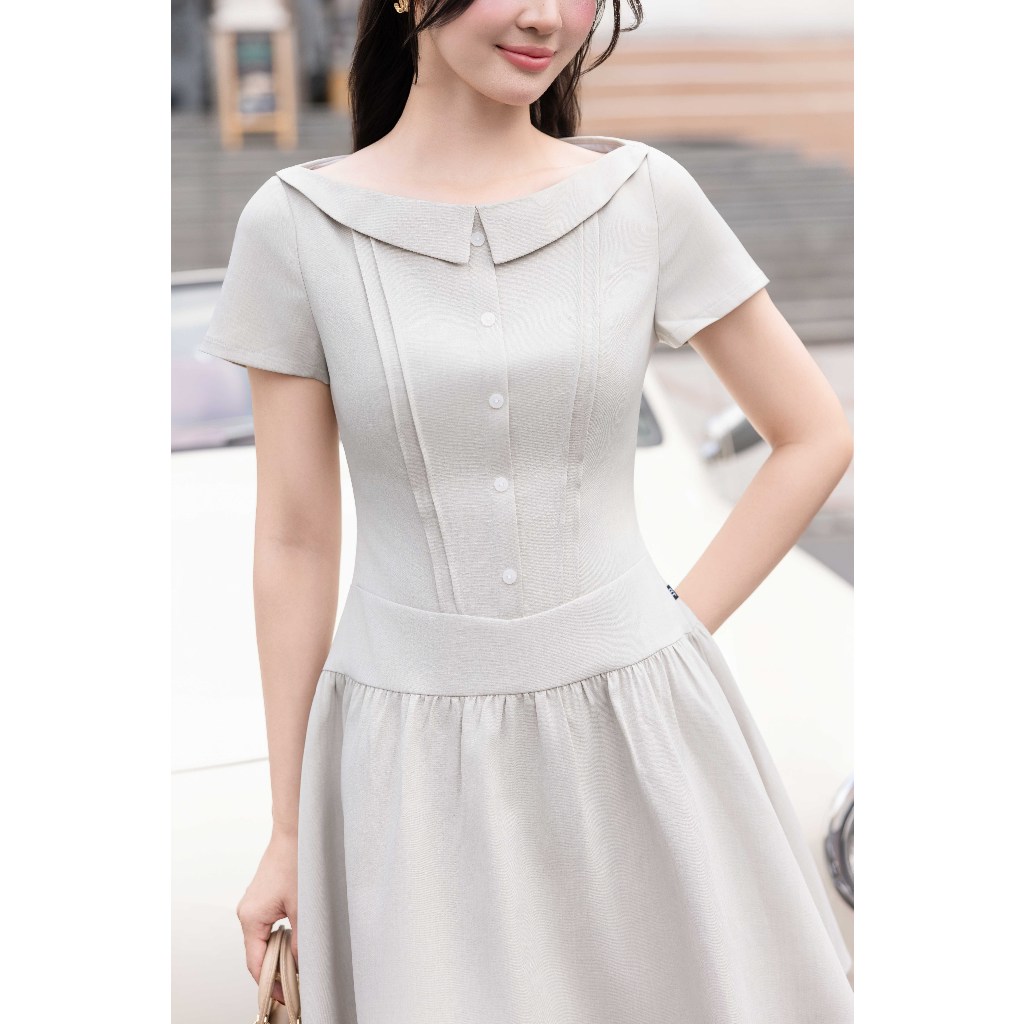 Đầm Xuân Hè Cổ Bẻ Ngang Nhún Chân 1S16.2601, Đầm Dáng Xoè Nhẹ A-line, Cổ Áo Cách Điệu Thanh Lịch Sang Trọng Design By JM