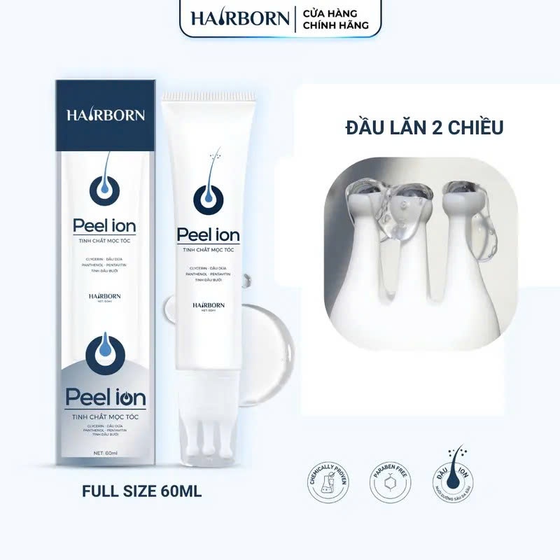 Lăn Mọc Tóc Mocha Hairborn , Tinh Chất Mọc Tóc Công Nghệ Ion Nano 2 chiều , Peel Ion Hairborn 60ml