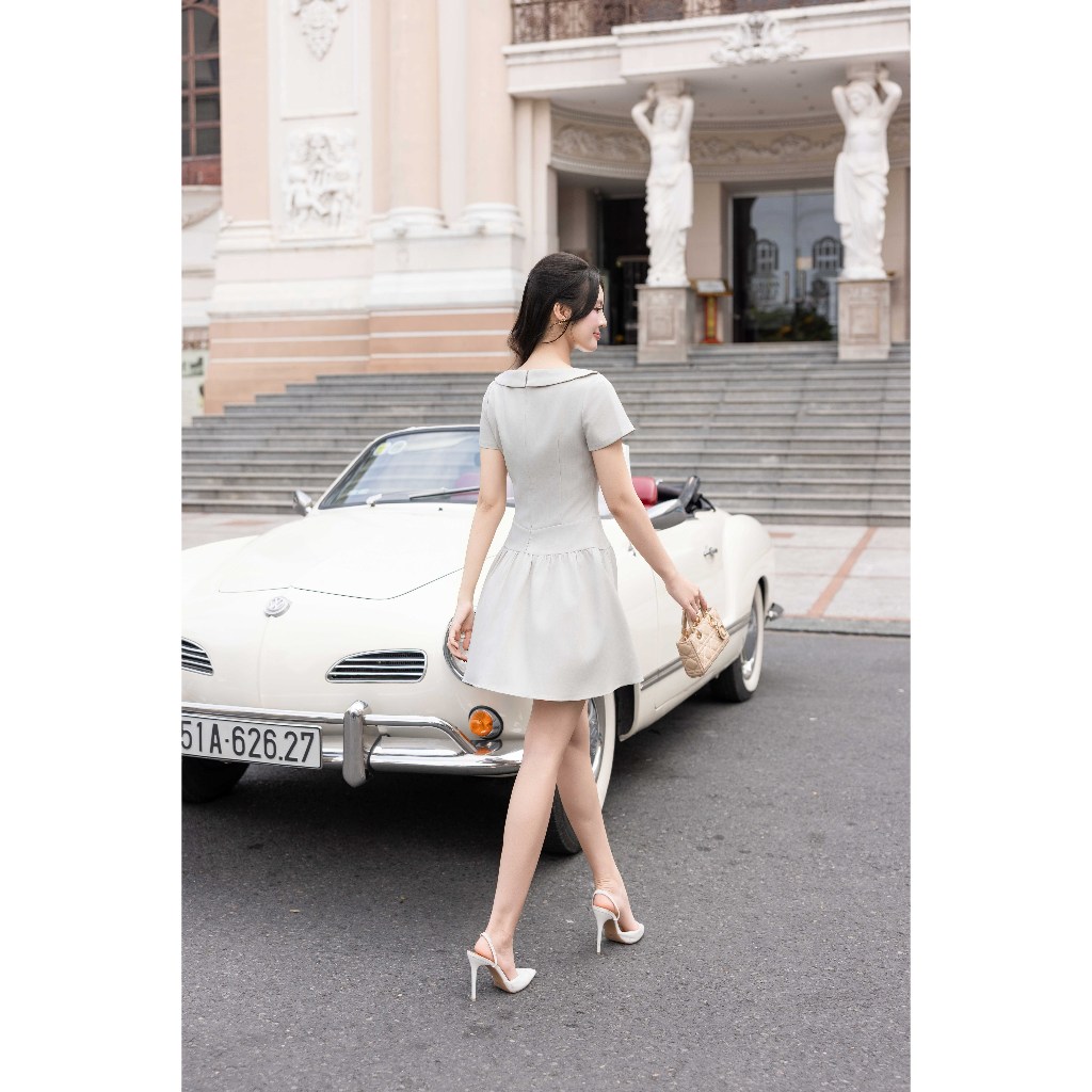 Đầm Xuân Hè Cổ Bẻ Ngang Nhún Chân 1S16.2601, Đầm Dáng Xoè Nhẹ A-line, Cổ Áo Cách Điệu Thanh Lịch Sang Trọng Design By JM