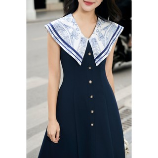 Đầm Công Sở Dáng Dài LAMER FASHION Đi Làm Đi Tiệc Phối Cổ In Họa Tiết Sát Nách O63M26H002