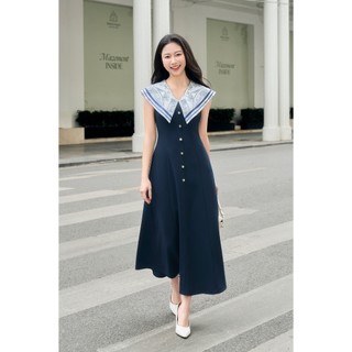 Đầm Công Sở Dáng Dài LAMER FASHION Đi Làm Đi Tiệc Phối Cổ In Họa Tiết Sát Nách O63M26H002