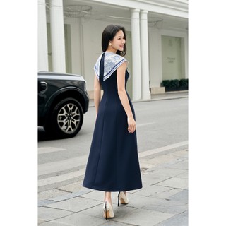 Đầm Công Sở Dáng Dài LAMER FASHION Đi Làm Đi Tiệc Phối Cổ In Họa Tiết Sát Nách O63M26H002