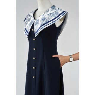 Đầm Công Sở Dáng Dài LAMER FASHION Đi Làm Đi Tiệc Phối Cổ In Họa Tiết Sát Nách O63M26H002