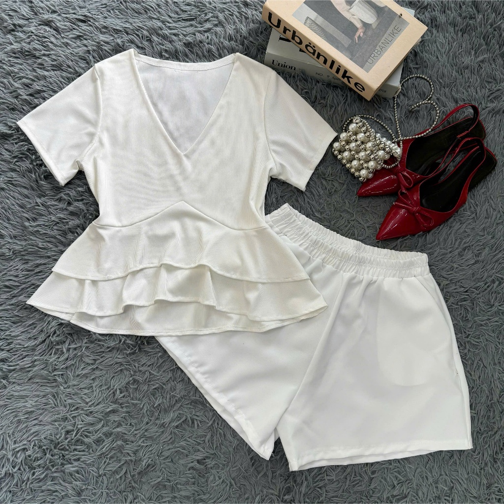 Set bigsize nữ áo peplum cổ tim phối quần short – thanh lịch, tôn dáng 50-92kg A348+Q500