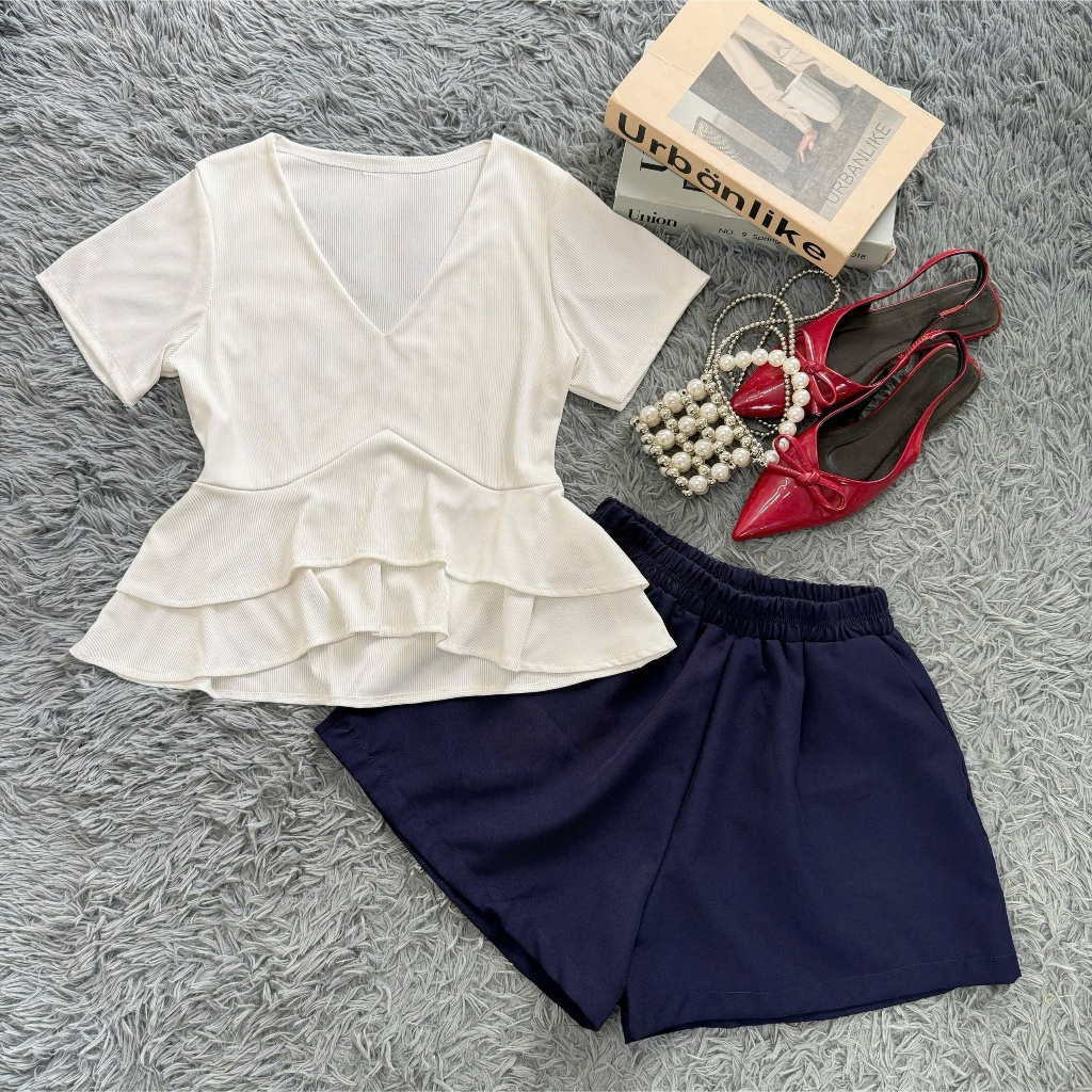 Set bigsize nữ áo peplum cổ tim phối quần short – thanh lịch, tôn dáng 50-92kg A348+Q500