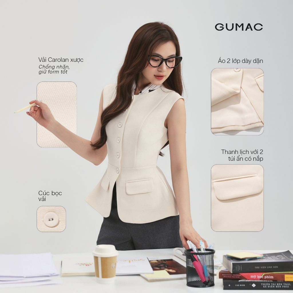 Áo Gile Nữ Cổ Tròn GUMAC Dáng Dài Chiết Eo Nhẹ Kiểu Peplum Chất Carolan Xược Đứng Form AG03026