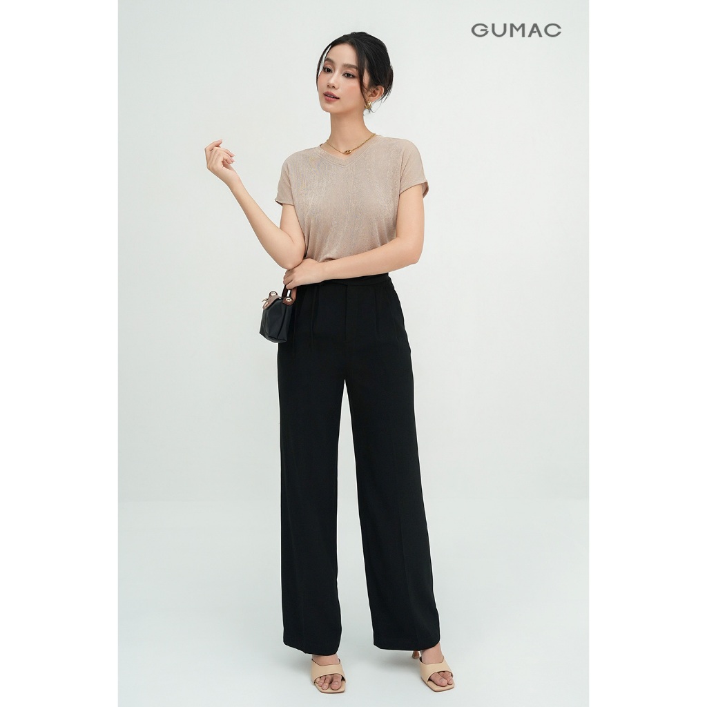 Quần Tây Nữ GUMAC Ống Suông Lưng Cao Cạp Cao Phối Dây Thắt Nơ Có Túi Thanh Lịch LQF1012 - LQG0501