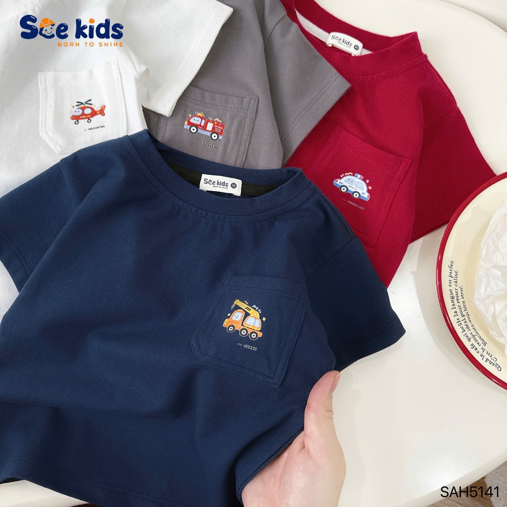 Áo phông cộc tay cotton túi ốp in hình, áo thun cổ tròn cộc tay mềm mát cho bé