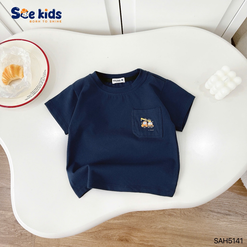 Áo phông cộc tay cotton túi ốp in hình, áo thun cổ tròn cộc tay mềm mát cho bé