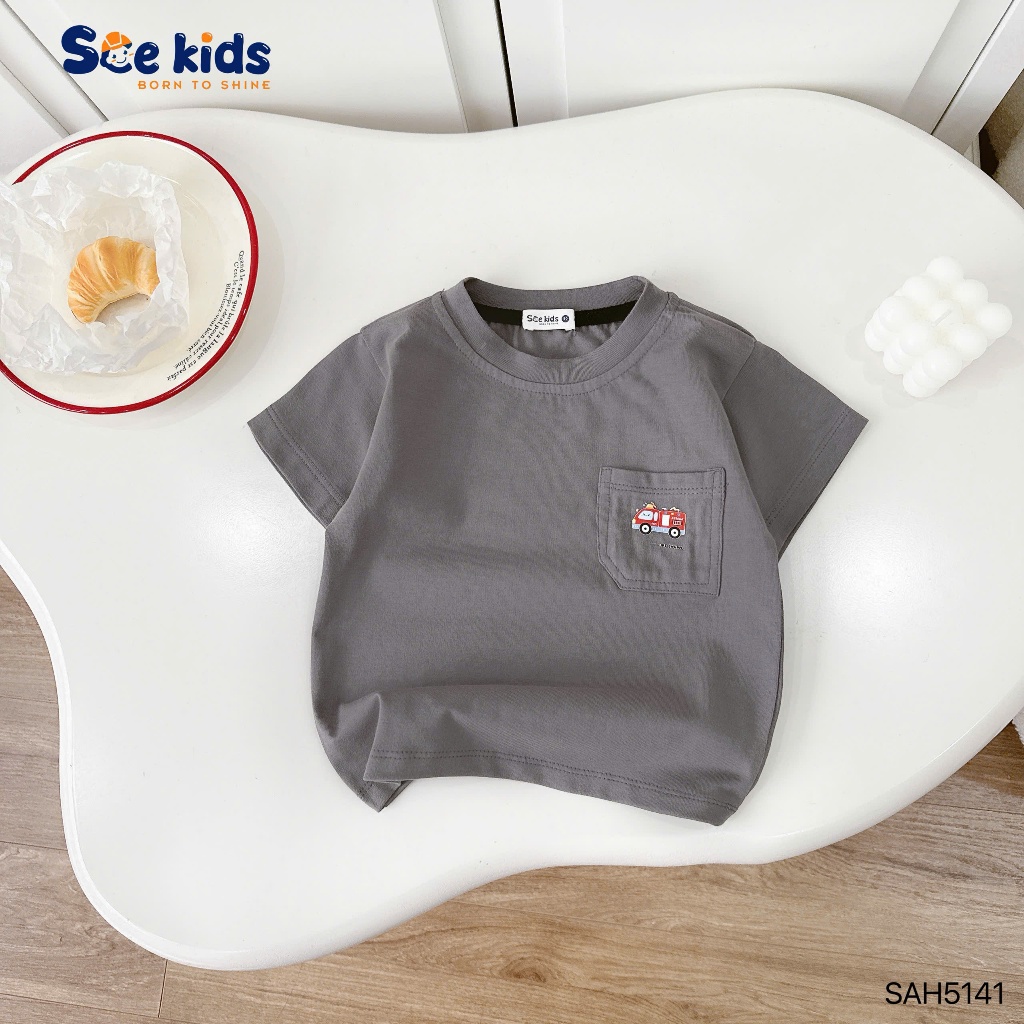 Áo phông cộc tay cotton túi ốp in hình, áo thun cổ tròn cộc tay mềm mát cho bé