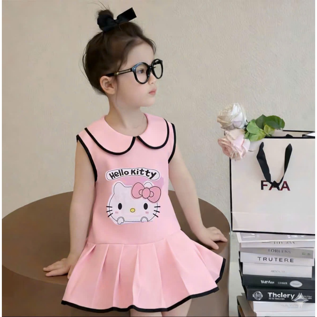 Váy Xòe Cổ Sen ( Hello Kitty ) Dành Cho Bé Gái 9-35kg Chất Liệu Mềm Mịn