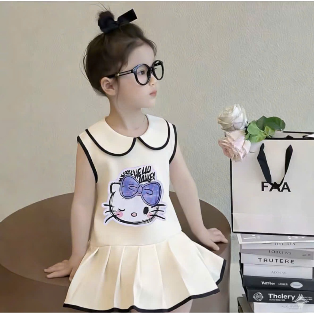 Váy Xòe Cổ Sen ( Hello Kitty ) Dành Cho Bé Gái 9-35kg Chất Liệu Mềm Mịn