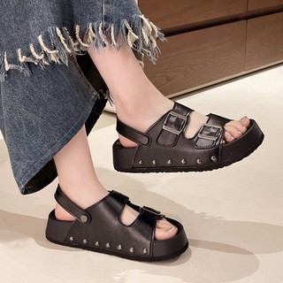 Sandal Nữ 2 Quai Khóa Thời Trang  Sandal Đế Cao Nữ Đi học Cá Tính  Màu Đen / Trắng / Bạc