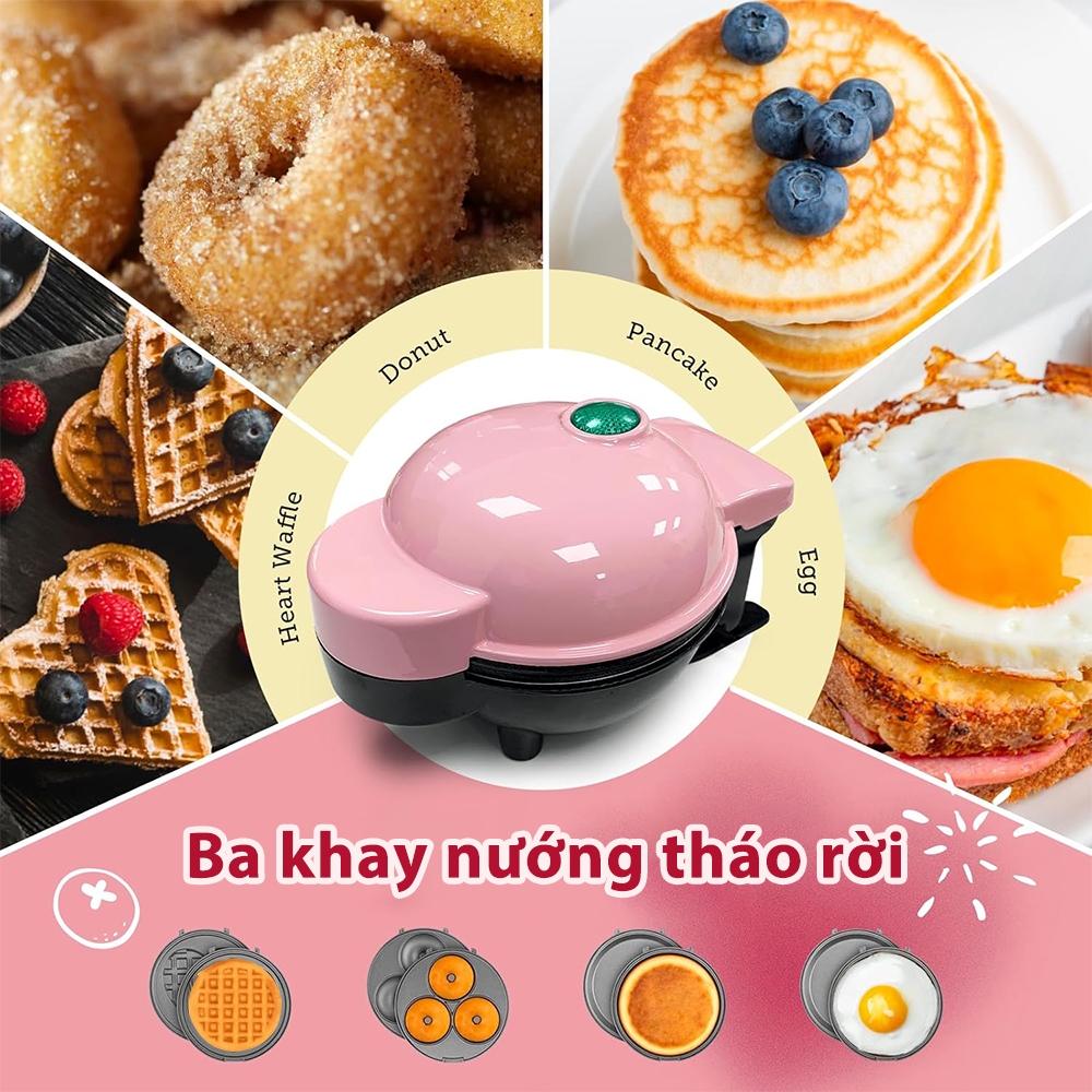 Aimi Máy Làm Bánh Waffle 3 Trong 1 Cho Gia Đình - Khay Nướng Tháo Rời, Bánh Donut Mini/Trứng Chiên/Bánh Waffle