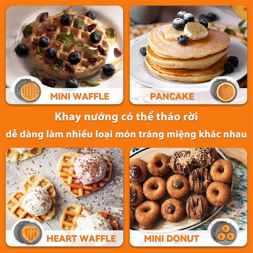 Aimi Máy Làm Bánh Waffle 3 Trong 1 Cho Gia Đình - Khay Nướng Tháo Rời, Bánh Donut Mini/Trứng Chiên/Bánh Waffle