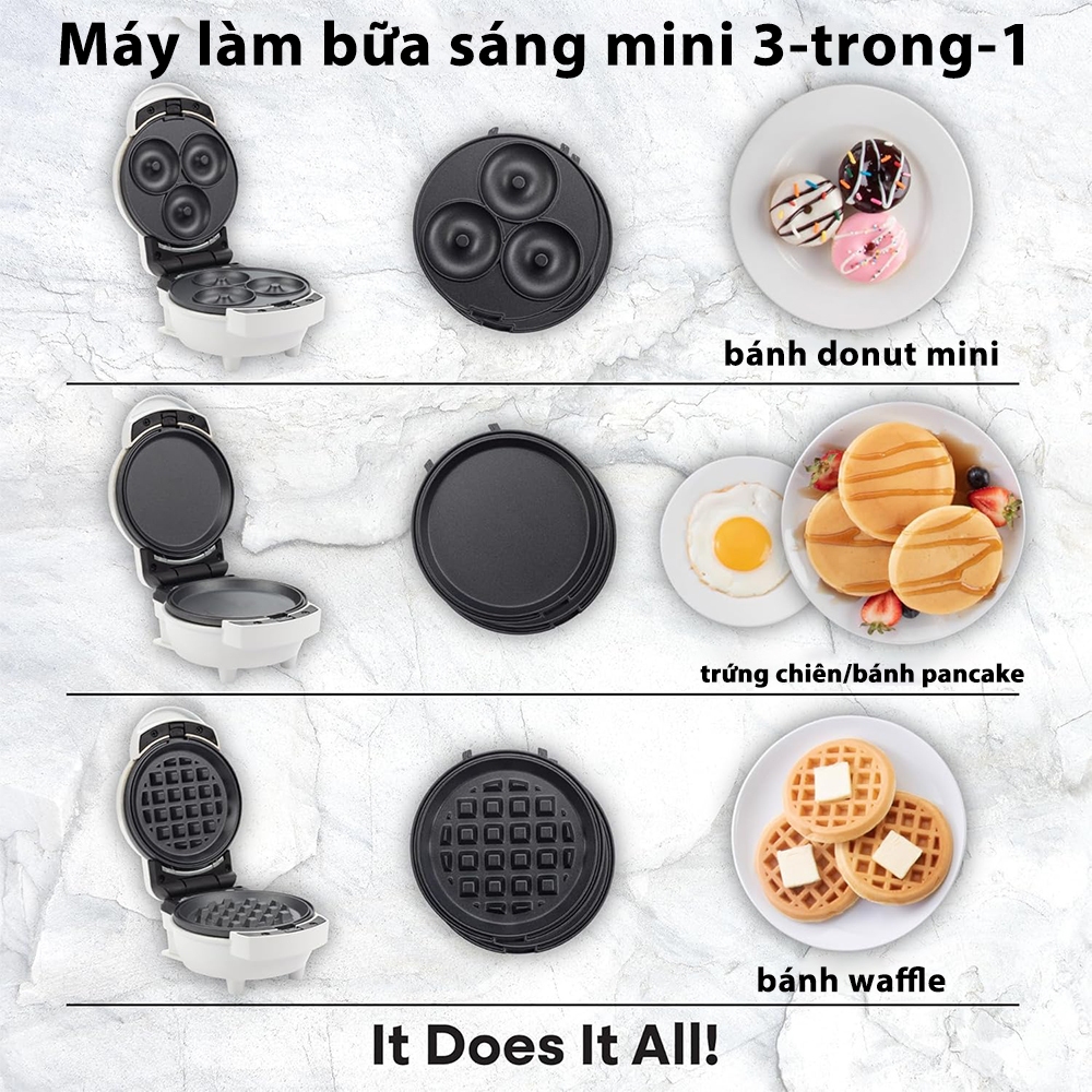 Aimi Máy Làm Bánh Waffle 3 Trong 1 Cho Gia Đình - Khay Nướng Tháo Rời, Bánh Donut Mini/Trứng Chiên/Bánh Waffle