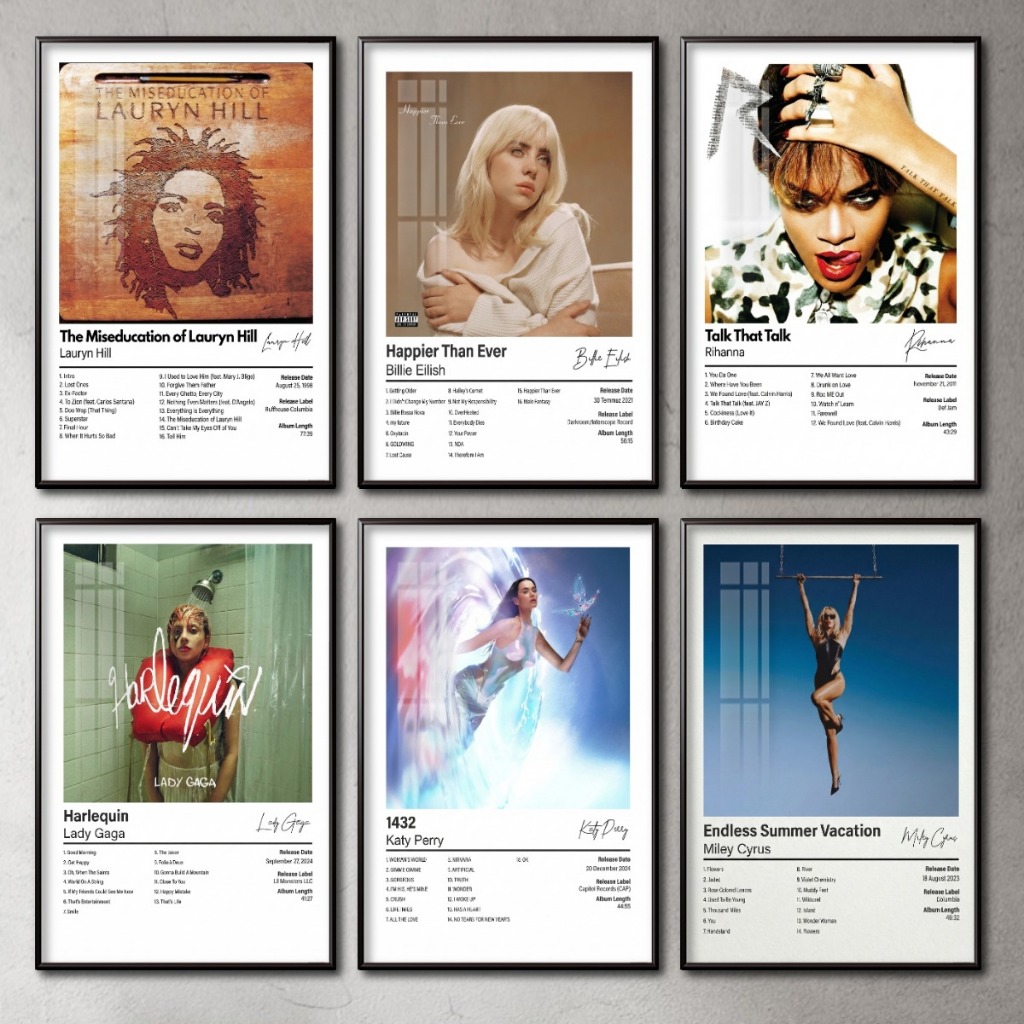 Tranh Album Âm Nhạc Nữ Ca Sĩ Billie Eilish, Katy Perry,Lady Gaga,... Tráng Gương Khung Composite Decor Treo Tường
