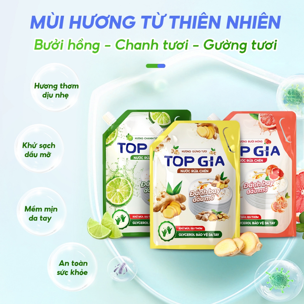 [Mua 2L tặng 2L] Combo 4L nước rửa chén bát TOPGIA an toàn bảo vệ da tay, tẩy sạch dầu mỡ