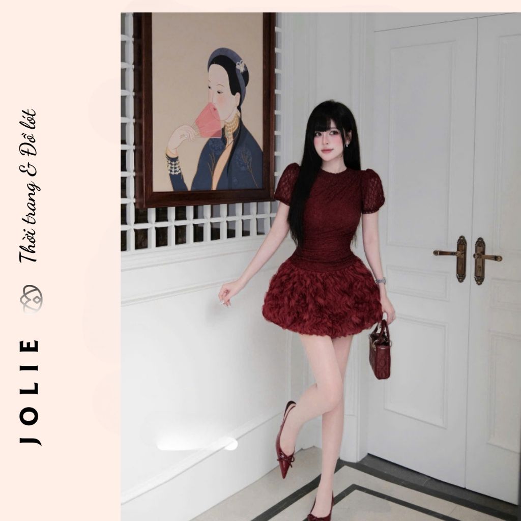 Váy Nhung Đỏ Rượu Vang Chân Váy Lông Vũ (Jolie Dress)