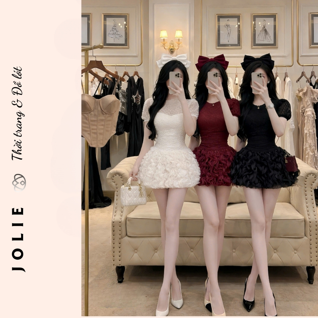 Váy Nhung Đỏ Rượu Vang Chân Váy Lông Vũ (Jolie Dress)