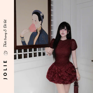 Váy Nhung Đỏ Rượu Vang Chân Váy Lông Vũ (Jolie Dress)