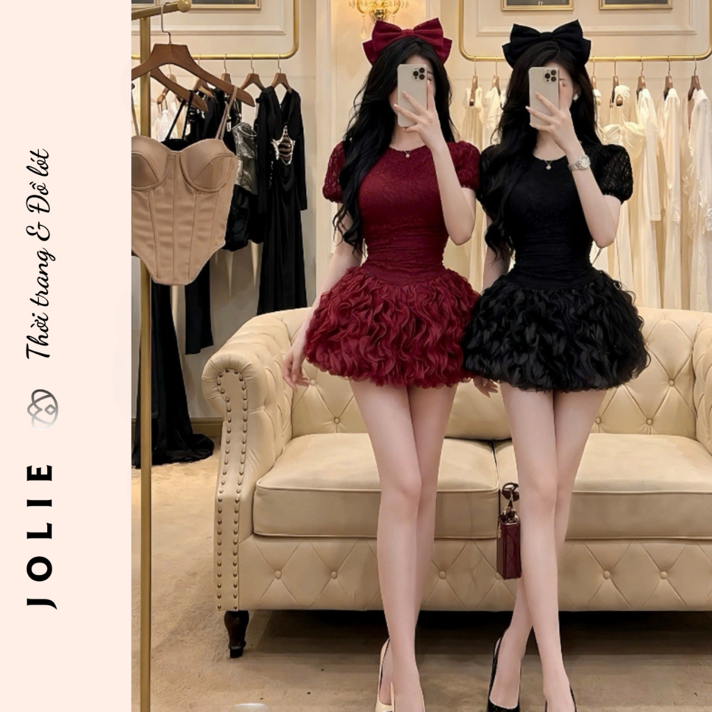 Váy Nhung Đỏ Rượu Vang Chân Váy Lông Vũ (Jolie Dress)