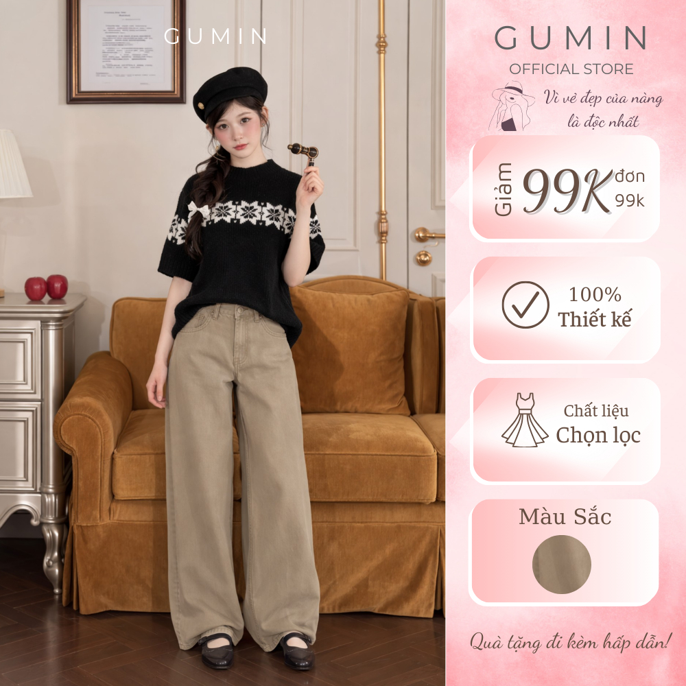 Quần suông nâu GUMIN thiết kế quần dáng dài suông ống rộng basic, quần jean nữ sang trọng cao cấp