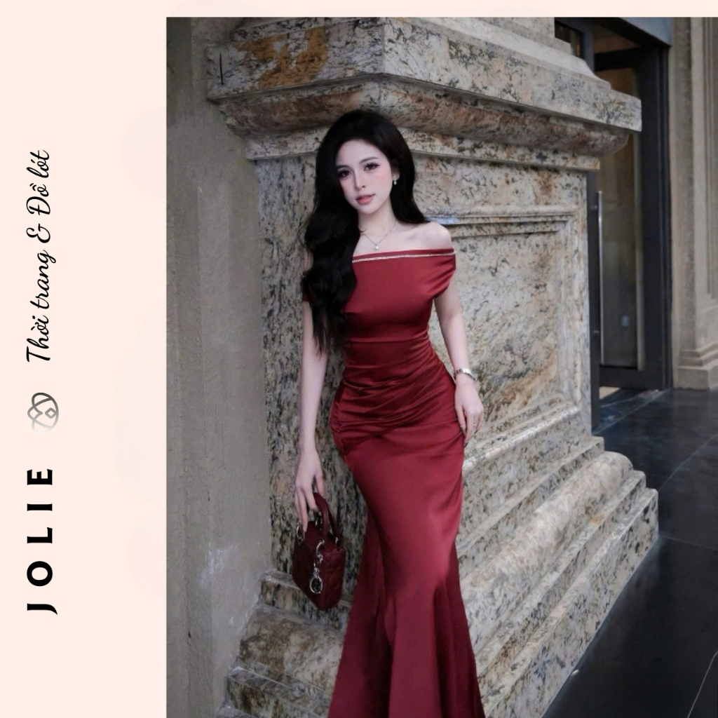 Đầm Dạ Hội Jolie Black Silk Trễ Vai Đính Đá