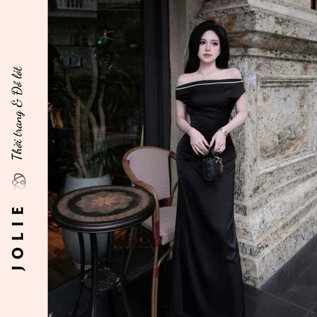 Đầm Dạ Hội Jolie Black Silk Trễ Vai Đính Đá