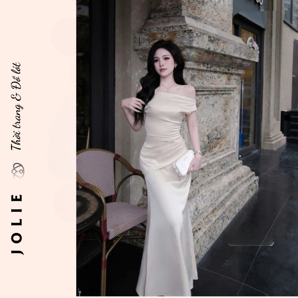 Đầm Dạ Hội Jolie Black Silk Trễ Vai Đính Đá