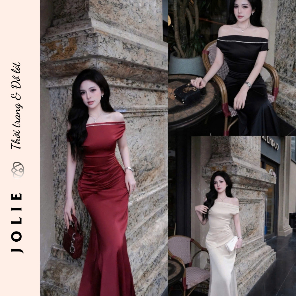 Đầm Dạ Hội Jolie Black Silk Trễ Vai Đính Đá