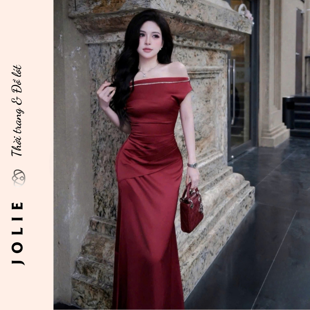 Đầm Dạ Hội Jolie Black Silk Trễ Vai Đính Đá