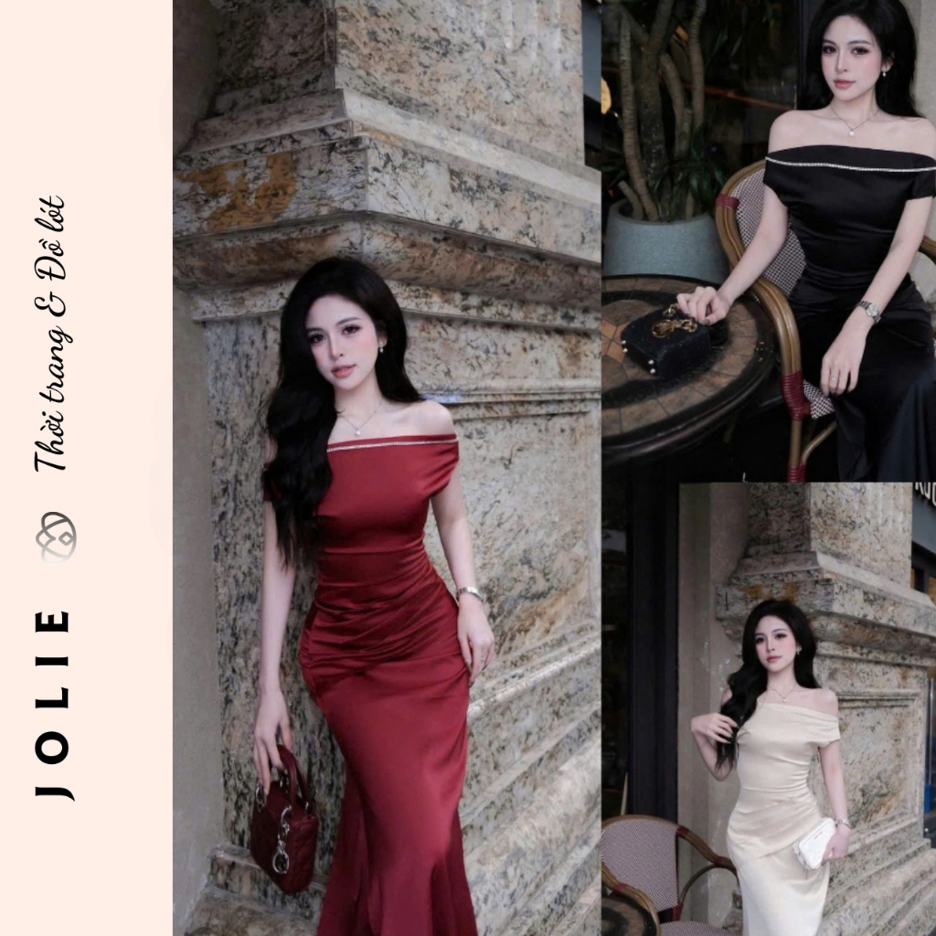 Đầm Dạ Hội Jolie Black Silk Trễ Vai Đính Đá