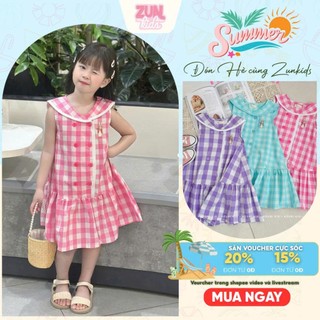 Đầm Bé Gái Cổ Thuỷ Thủ Rabbit Caro Pastel AZD522 | Đầm Cotton Dáng Chữ A Thoáng Mát