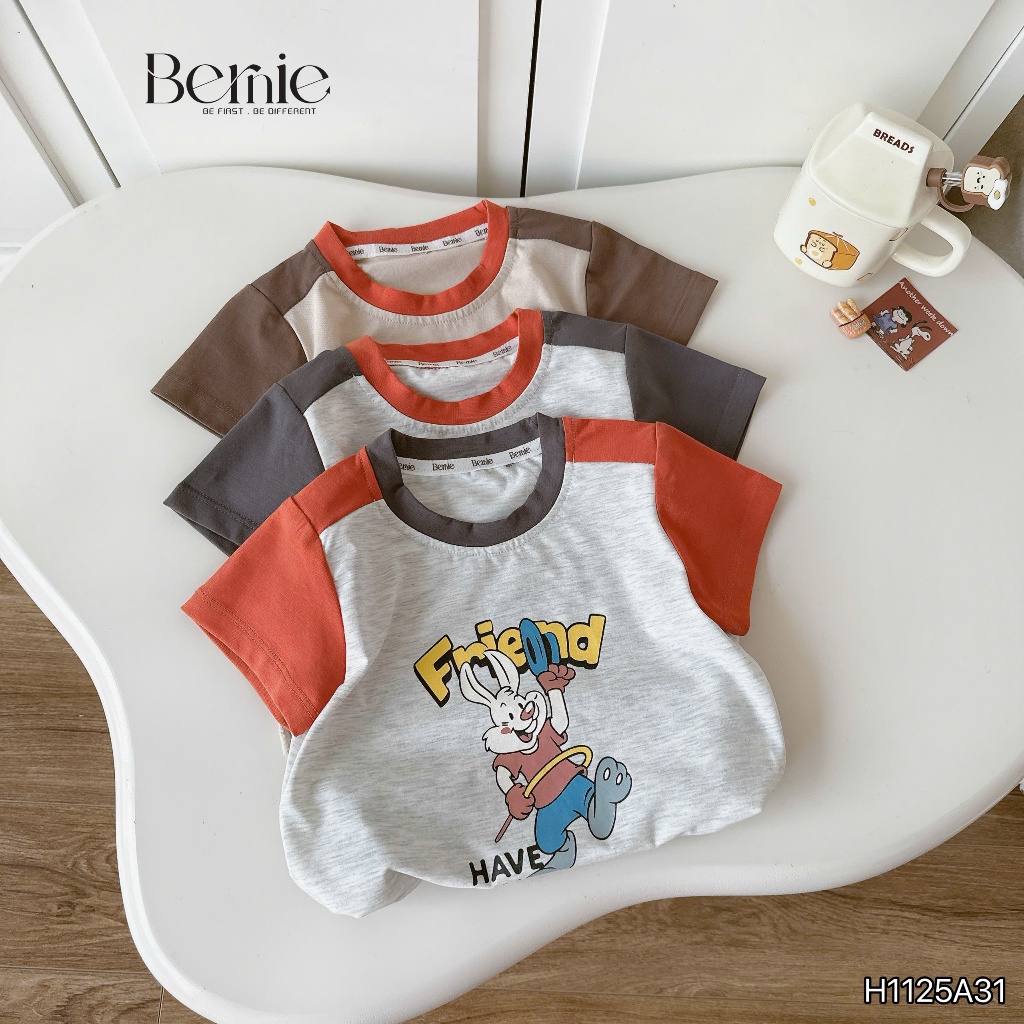 Áo phông cộc tay phối in hình bé trai, áo thun cổ tròn cotton mềm mát cho bé