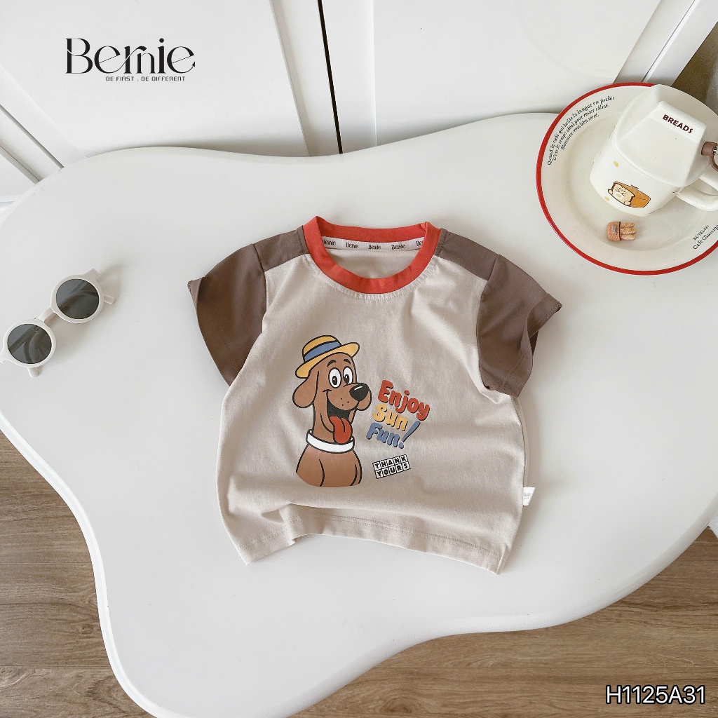 Áo phông cộc tay phối in hình bé trai, áo thun cổ tròn cotton mềm mát cho bé