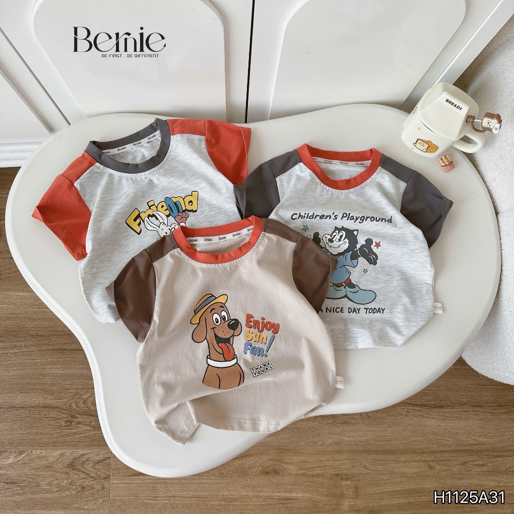 Áo phông cộc tay phối in hình bé trai, áo thun cổ tròn cotton mềm mát cho bé