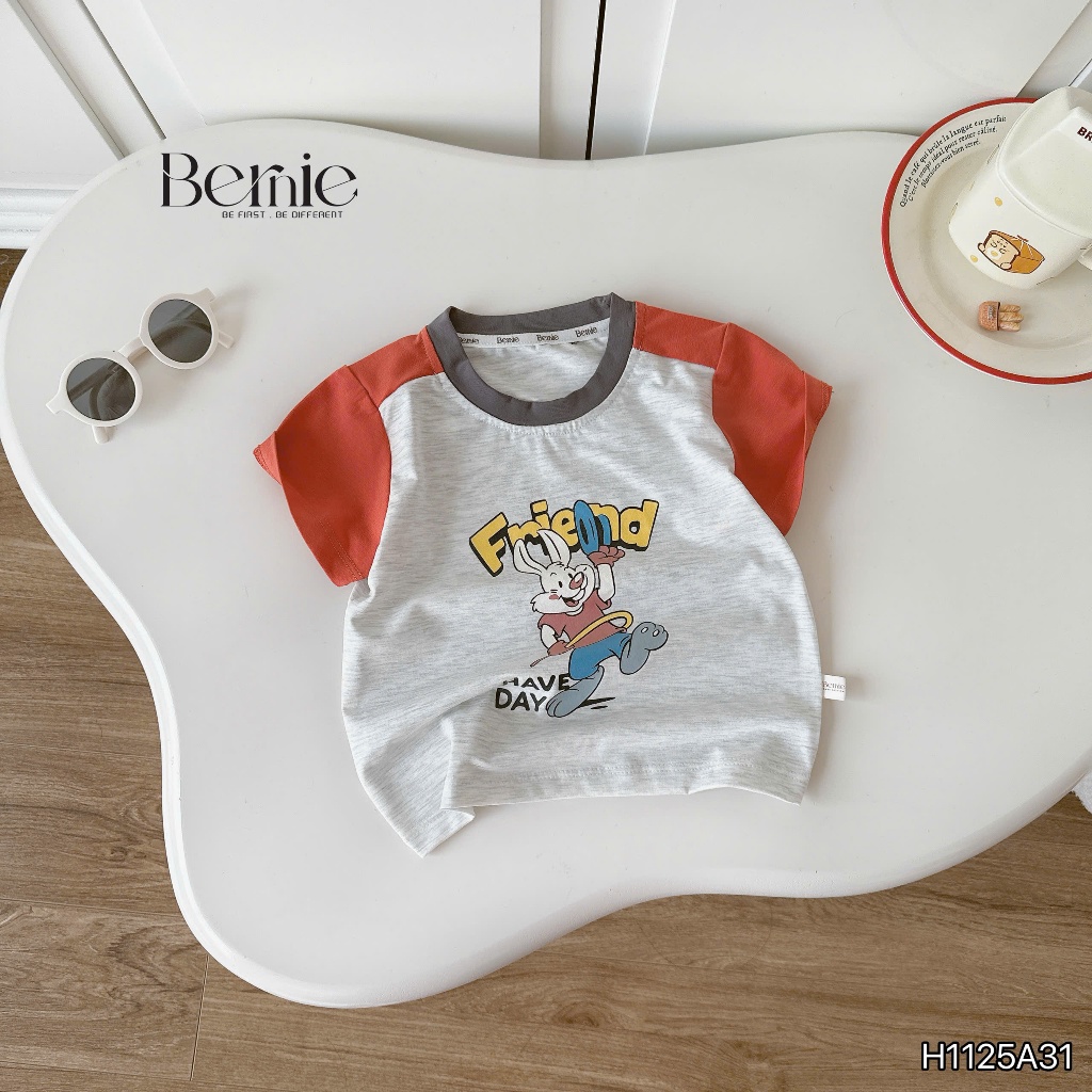 Áo phông cộc tay phối in hình bé trai, áo thun cổ tròn cotton mềm mát cho bé