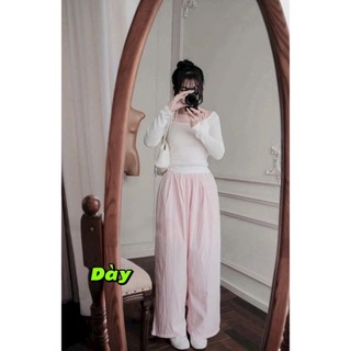 Set bộ nữ xinh xắn chất áo thun giấy tay dài trễ vai kèm áo lót mix quần đũi vân mây dài ống rộng thiết kế nữ tính