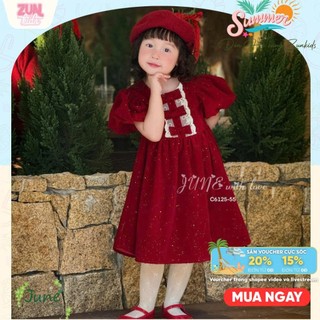 Váy Bé Gái Nhung Bling Bling Tay Lồng Đèn C6125 | Đầm Tiểu Thư Đính Nơ Handmade Phối Ren, Dự Tiệc Noel Tết