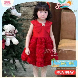 Váy Bé Gái Ren Hoa Hồng 3D C6123 | Váy Công Chúa Tầng Bí Bồng Bềnh, Phối Tafta Nhũ Cao Cấp