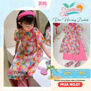 Bộ áo dài bé gái Cotton Xuân Hoa tay phồng hoa nhí dễ thương – Áo dài suông cotton mềm + quần lụa mềm ống rộng