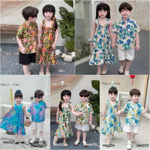 Set Đi Biển Đôi Bé Trai Bé Gái MM 1-10Y (8-40kg), Bộ Bé Trai & Váy Bé Gái Kèm Dây Buộc Tóc