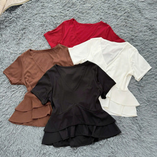 Áo Thun Kiểu Bigsize Nữ Áo Cổ V Dáng Peplum Vạt Xòe Bèo Che Bụng Cho Chubby A348
