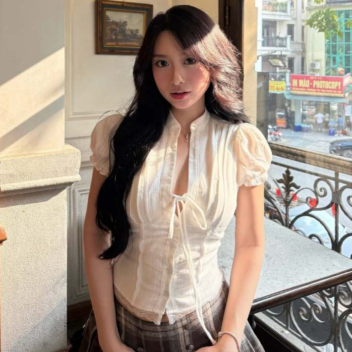 Áo Kiểu Nữ Dáng Croptop Chi Tiết Cổ Tàu Tay Bồng Cột Dây Nơ Mùa Hè Kimee - KA832