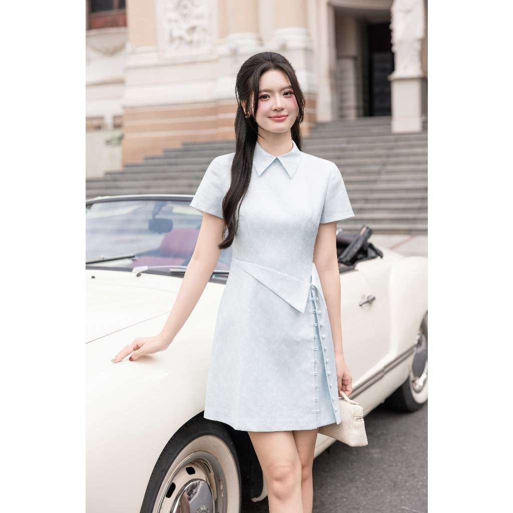 Đầm Xuân Hè Dáng A Cổ Đức Chân Bẻ Nẹp 1S15.2601. Đầm Monogram Thanh Lịch Công Sở, Đầm Nữ Thiết Kế Tối Giản Design By JM