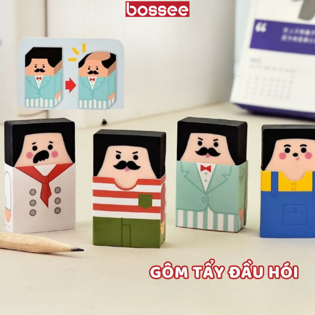Set 4 Gôm Tẩy Chì Đầu Hói, Tẩy Bút Chì Cao Su Mềm - Tẩy Sạch, Ít Vụn, Hình Thù Ngộ Nghĩnh Đáng Yêu _ Bossee