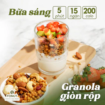 Granola giòn rộp FONUT hũ 500g granola siêu hạt với yến mạch nổ giòn ăn vặt, ăn kiêng, healthy