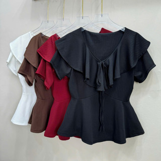 Áo Thun Cổ Bèo Bigsize Nữ Tay Ngắn Vạt Xòe Peplum Tiểu Thư Dễ Thương Cho Chubby A349