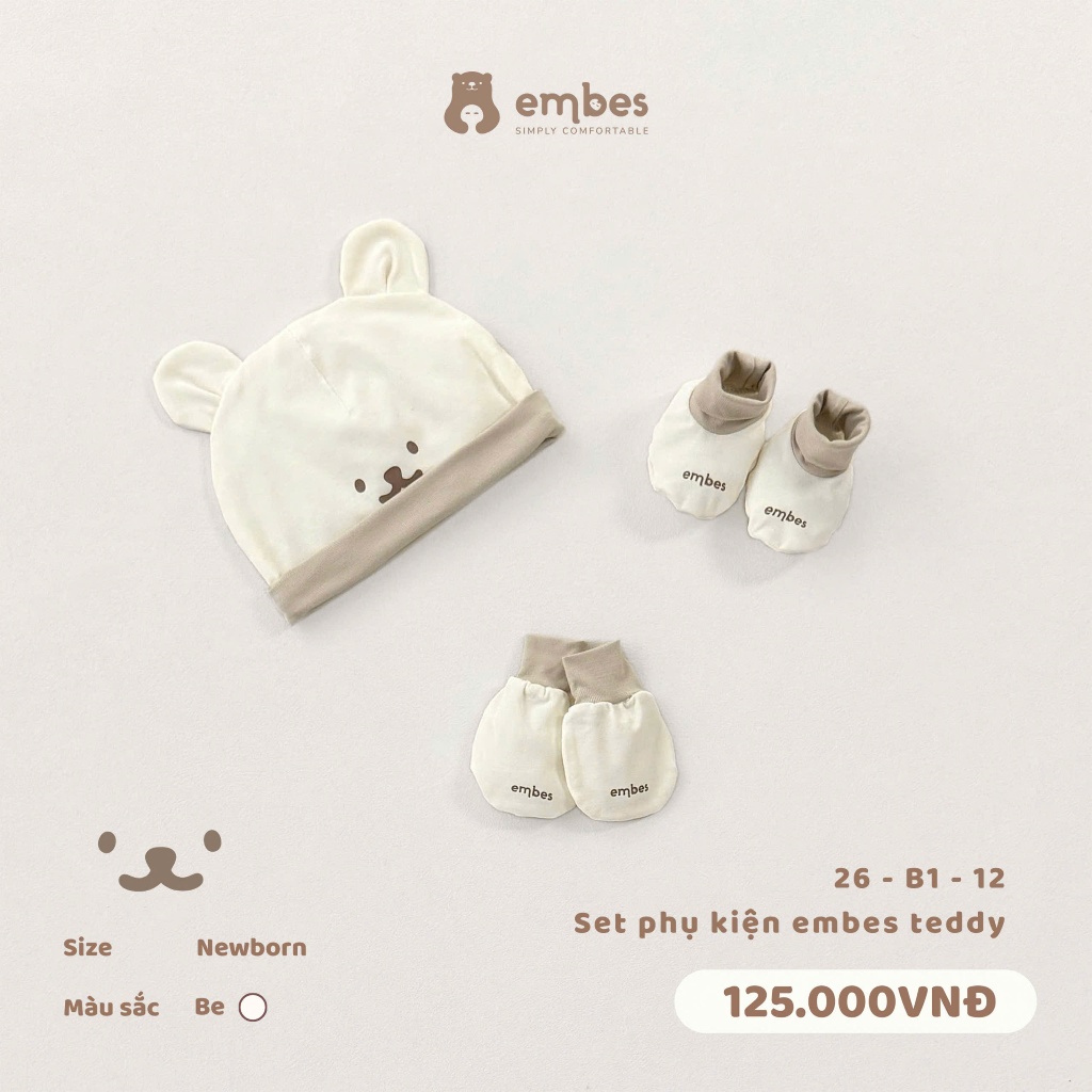 Phụ Kiện Sơ Sinh Embes, Set Bao Tay Bao Chân Embes Teddy Chất Cotton Mềm Mại Cho Bé Sơ Sinh 0-3Tháng